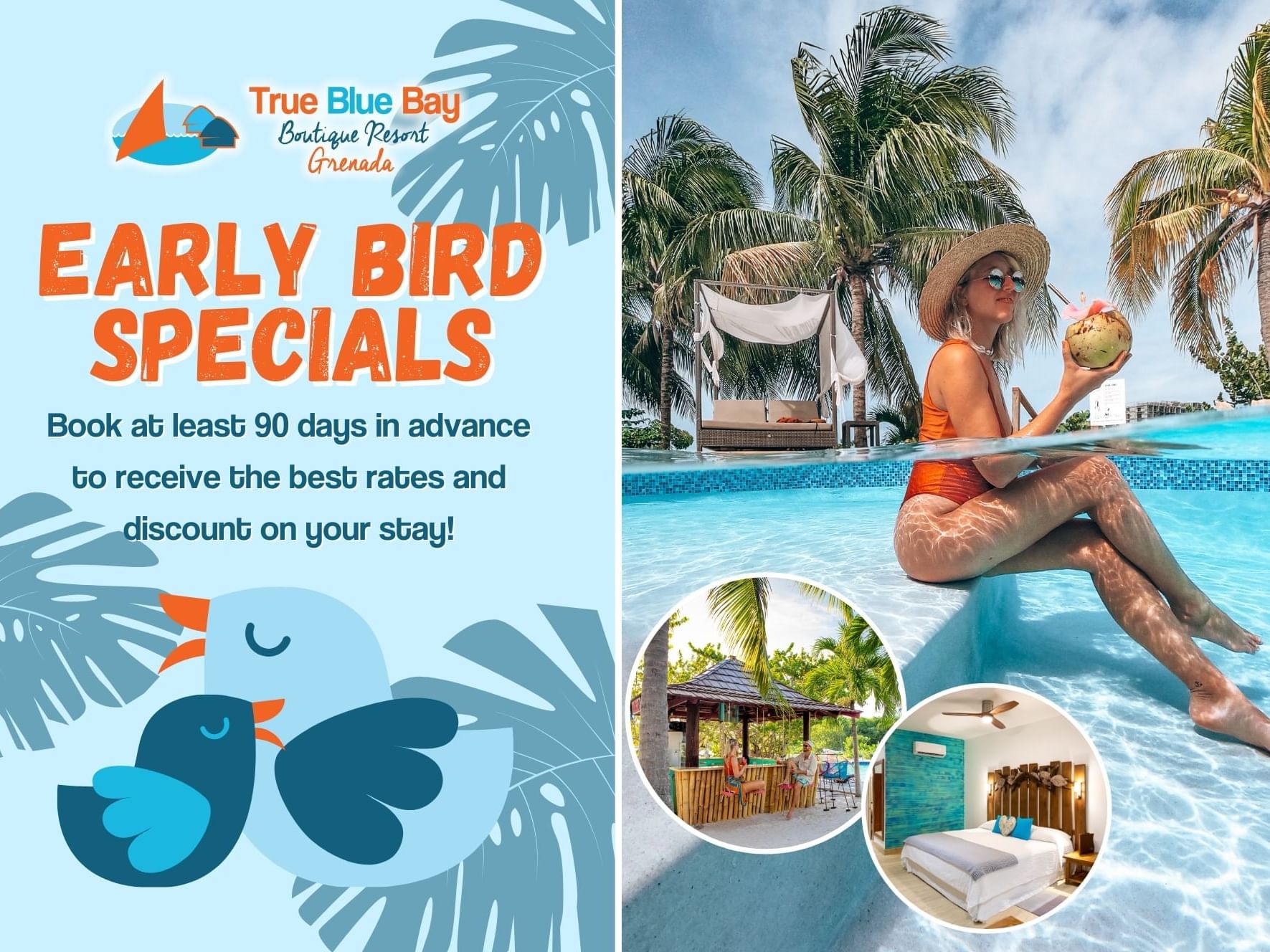 A promotional image for True Blue Bay Boutique Resort Grenada Early Bird Specials showing a woman in a pool and resort facilities.