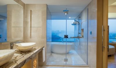 Interior of bathroom in Deluxe Room at White Swan hotel