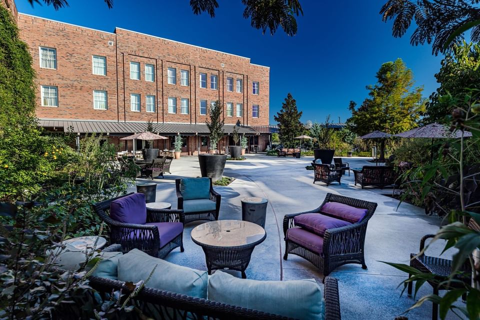 Outdoor lounge area by the green lawn in Inn at the Crossroads