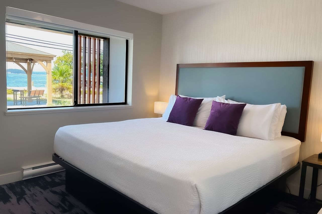 Guest room with king bed, lamp, side table, window with ocean view