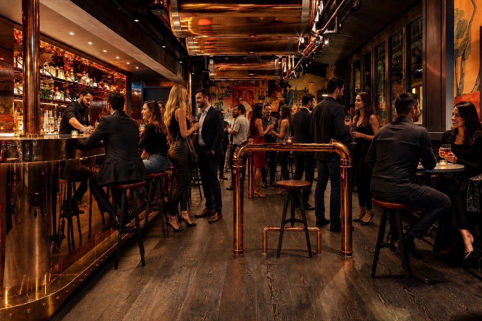 Gäste unterhalten sich an der Bar mit Kupferakzenten in der „Joshua’s Tavern“ im „The Londoner“