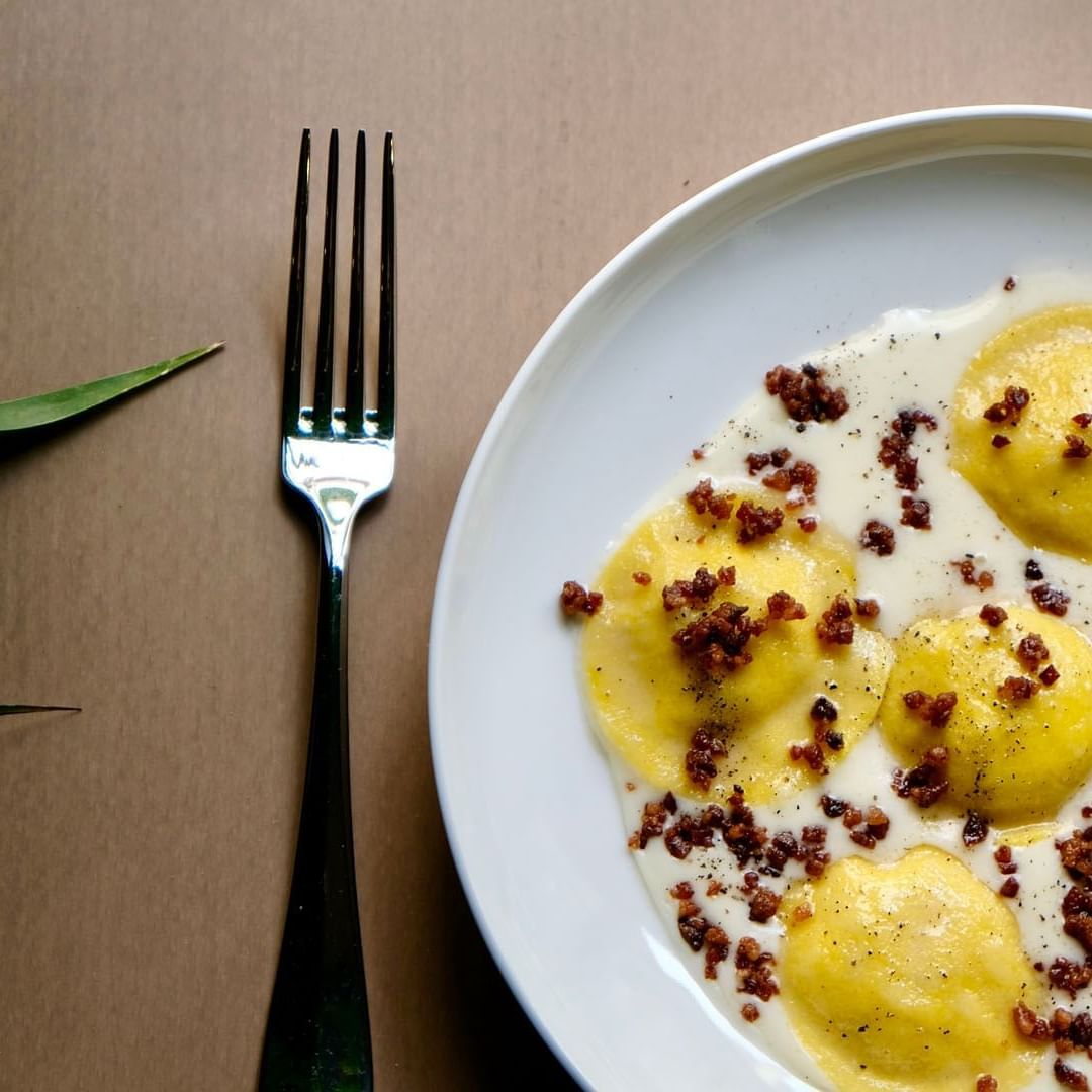 Close-up of a Ravioli dish served in Babuino Terrace near Mario de’ Fiori 37