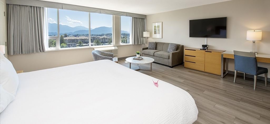 Spacious king room with sofa, desk, and mountain views.