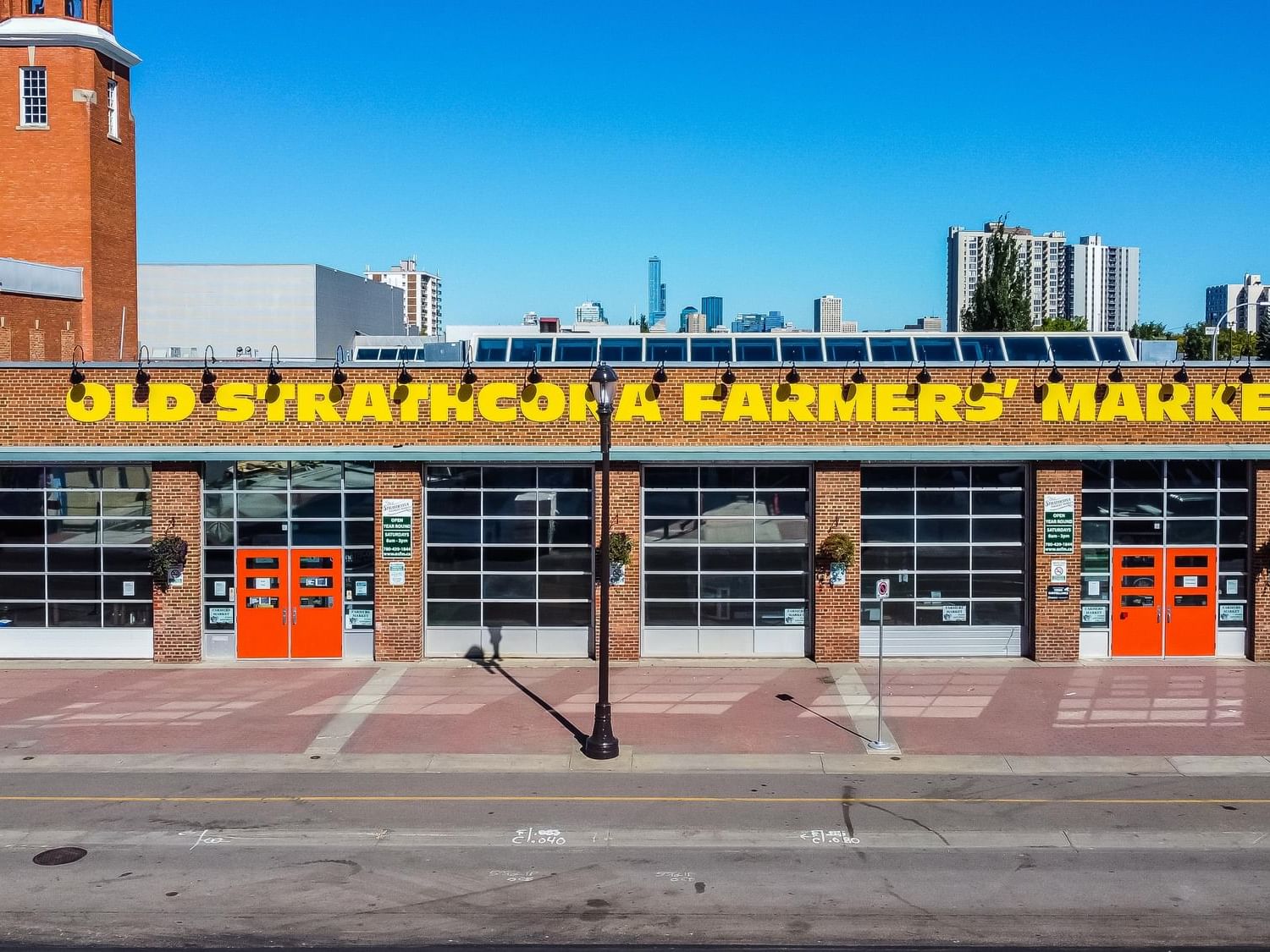 Exterior view of Old Strathcona Farmers' Market near Varscona Hotel on Whyte