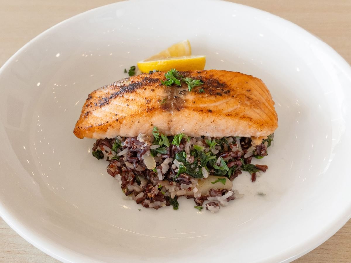 A grilled salmon fillet atop a bed of greens, garnished with herbs and lemon slices.