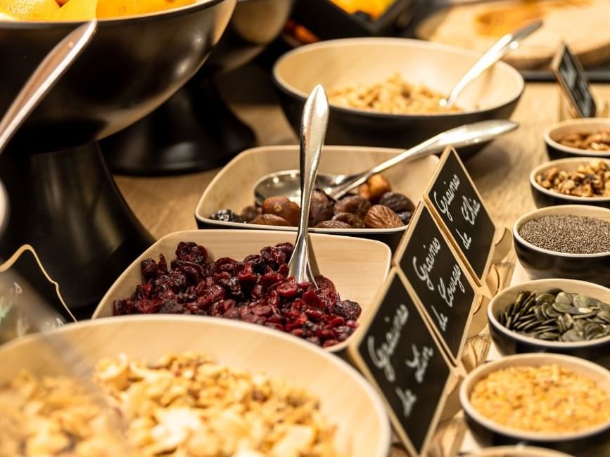 Close-up of nuts & seeds served at breakfast at Originals Hotel