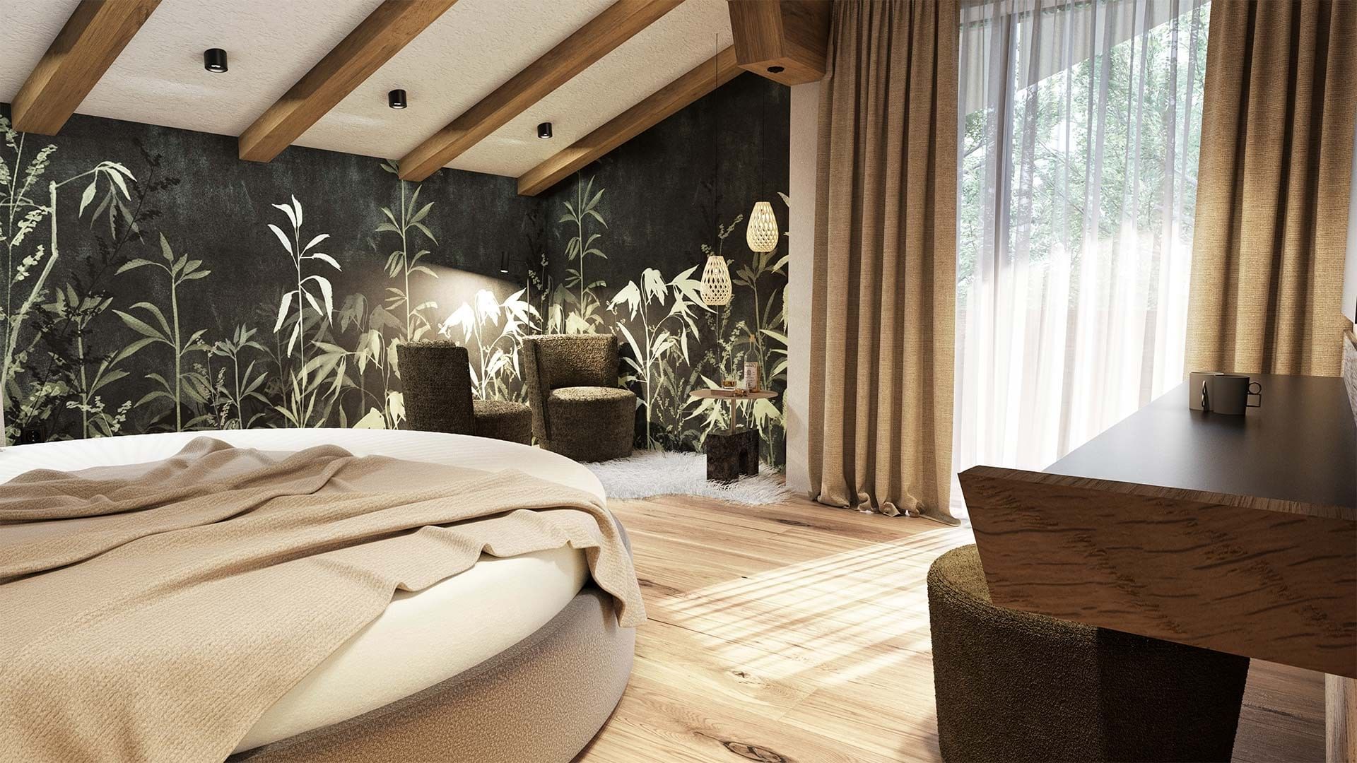 Camera da letto moderna con pareti decorate, letto rotondo, sedie e tavolo in legno.