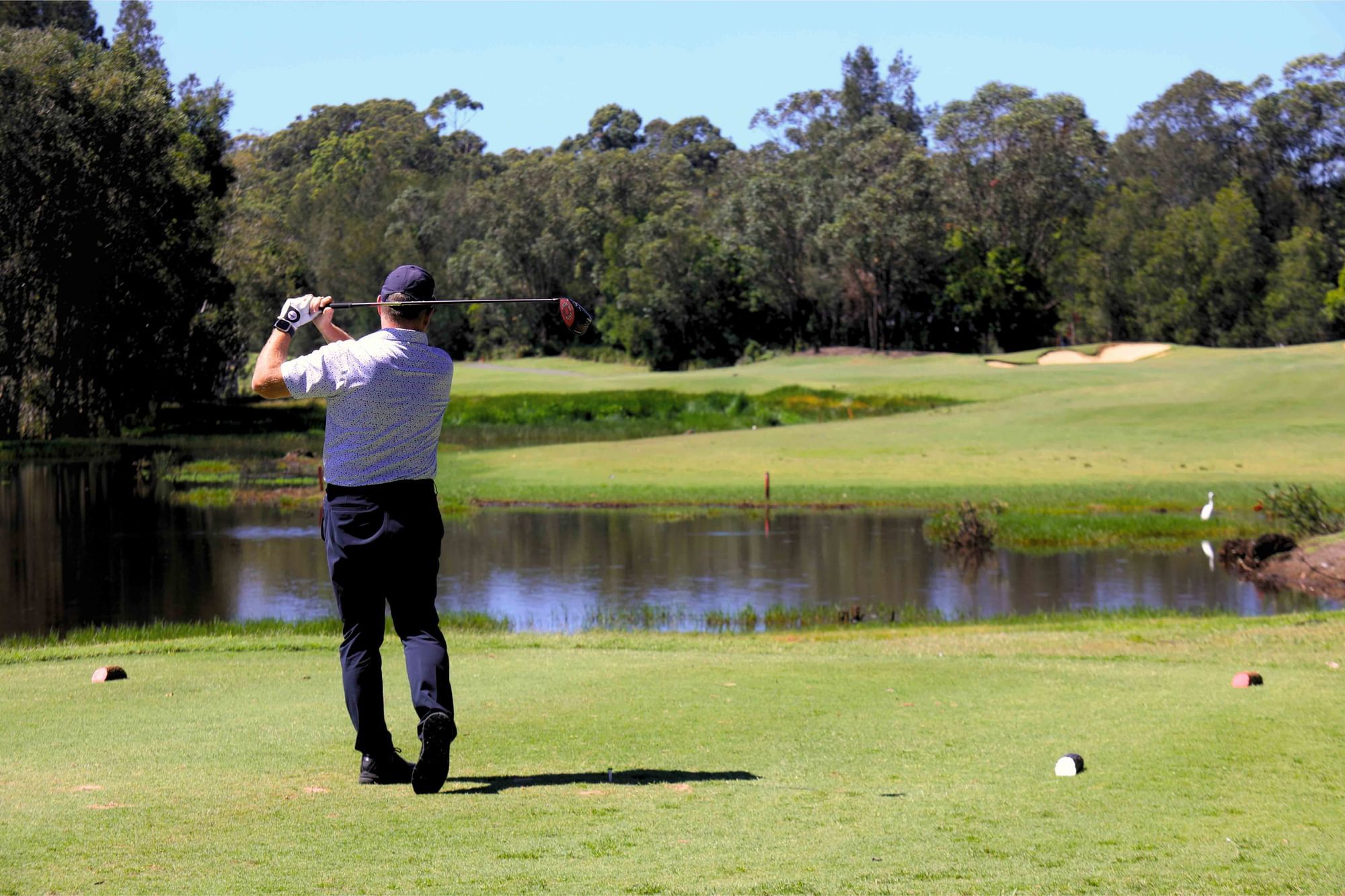 Man on a golf course swinging club near a pond with trees in the background.