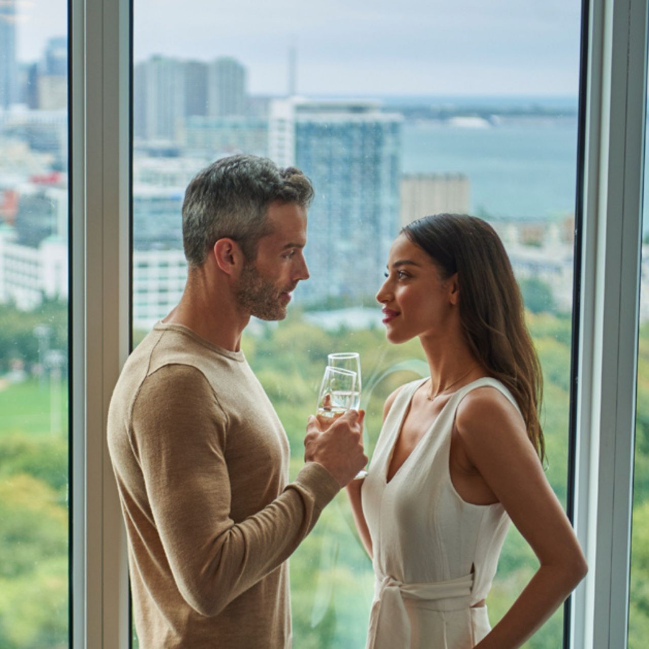 Man and woman standing by a large window, holding wine glasses, overlooking a cityscape and park.