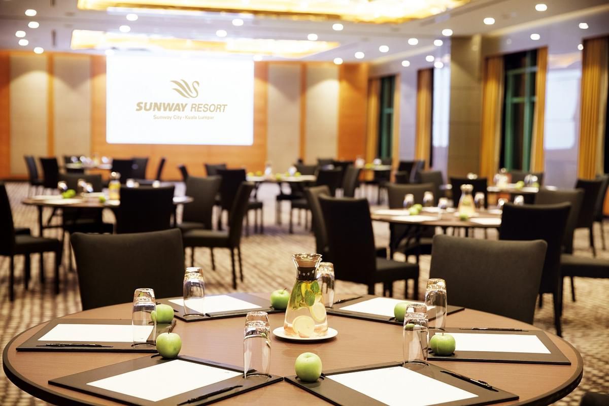 Meeting amenities provided on banquet tables at Sunway Resort