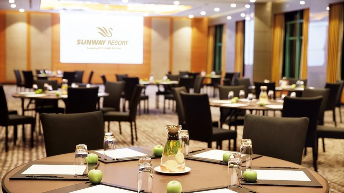 Meeting amenities provided on banquet tables at Sunway Resort