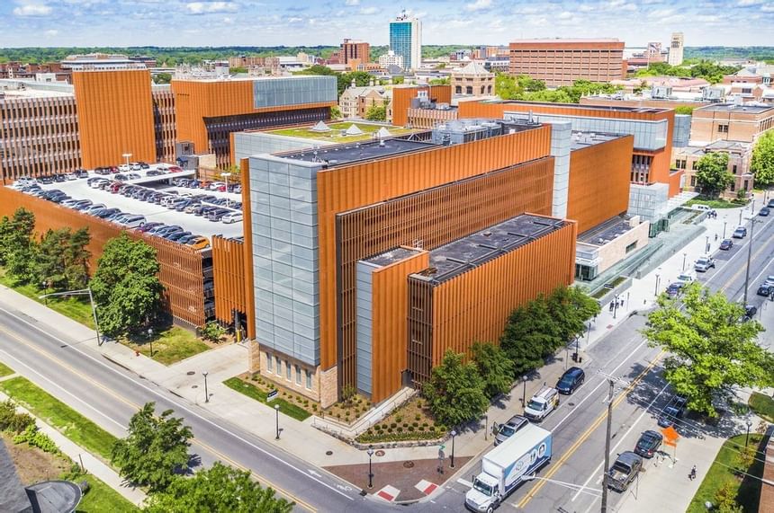 aerial shot of ross school of business in ann arbor