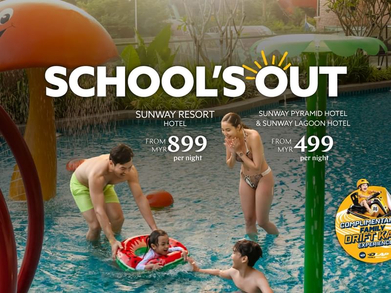 School's Out offer showing a family enjoying a pool with rates from RM899 at Sunway Resort Hotel