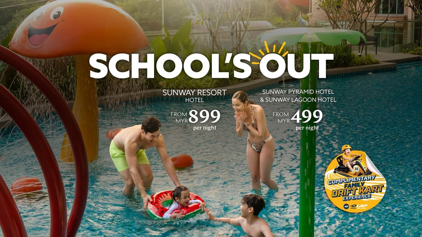 School's Out offer showing a family enjoying a pool with rates from RM499 at Sunway Lagoon Hotel