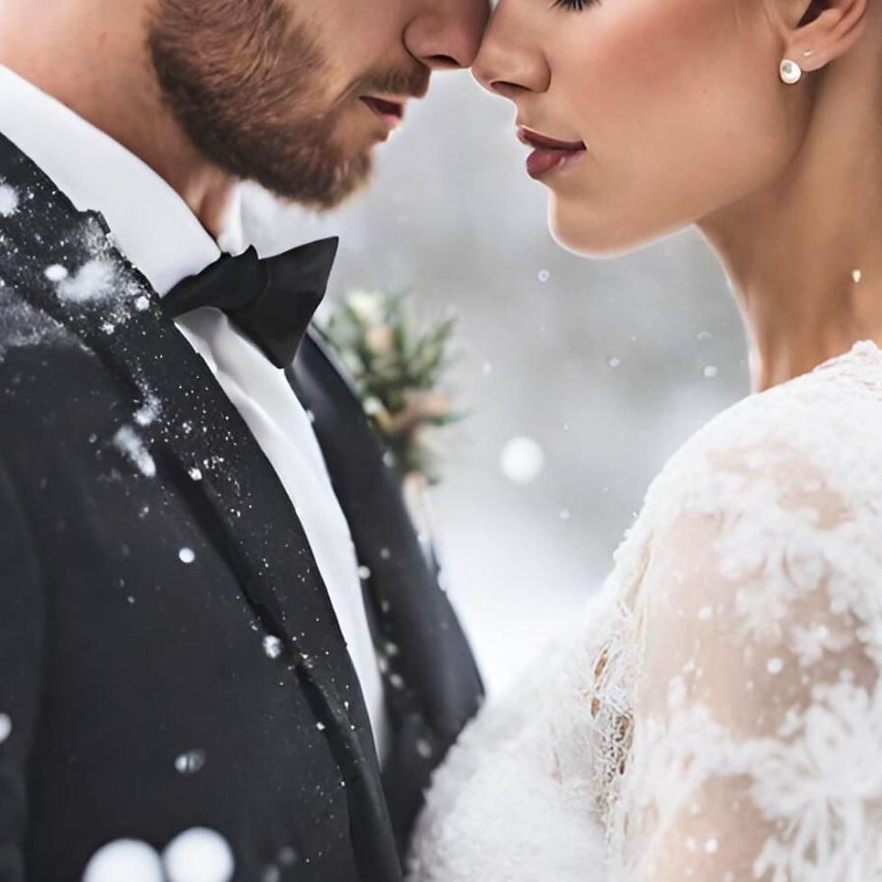 bride and groom embraced in each others arms amidst a snowy landscape