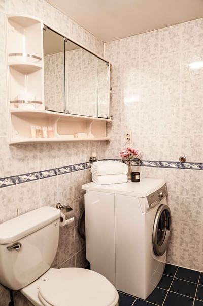 A bathroom vanity with a washer and dryer at Hanoi Daewoo Hotel