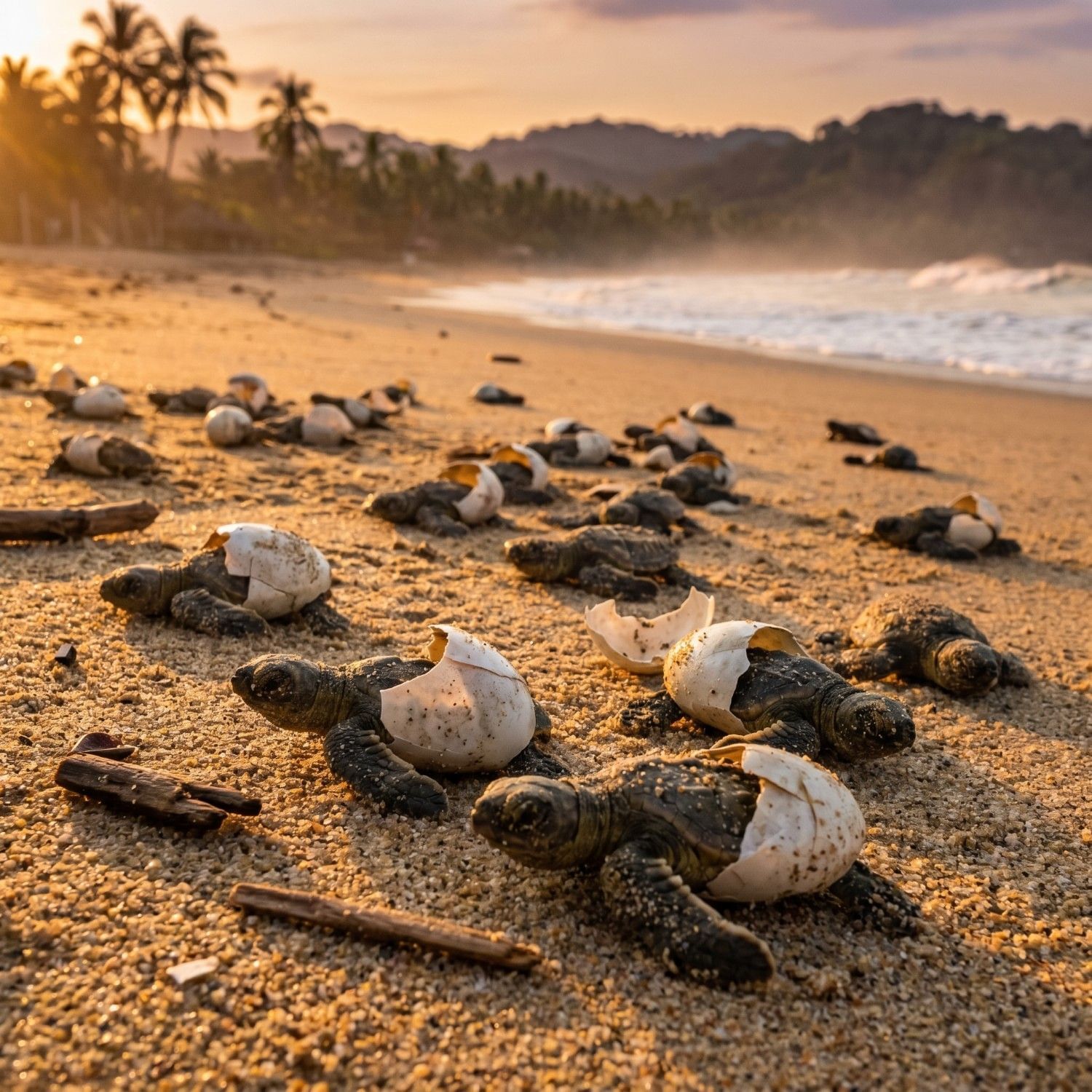 Crías de tortuga marina saliendo de sus huevos en una playa de arena de Puerto Vallarta durante la temporada de liberación de tortugas marinas