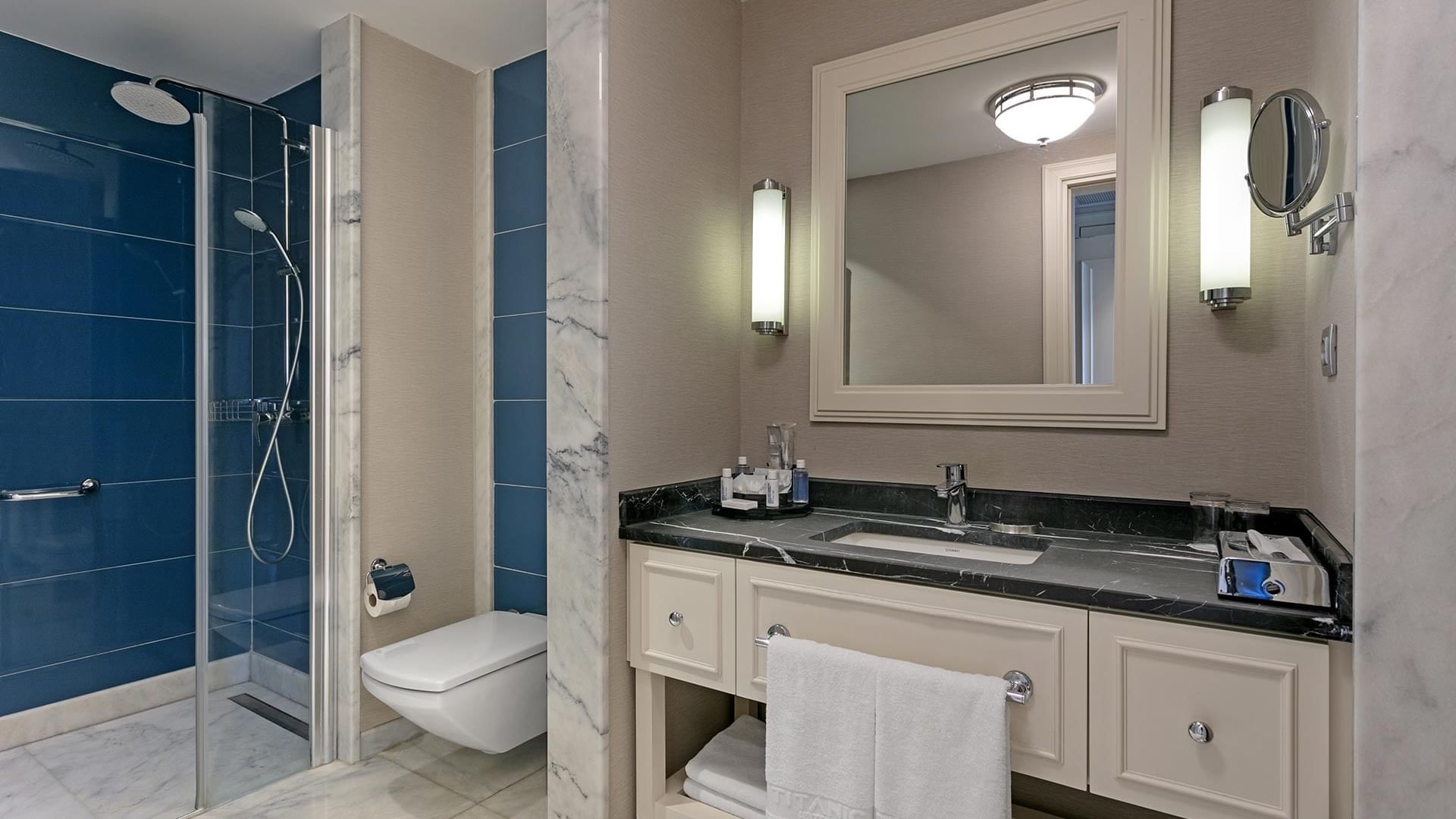 Titanic Deluxe Golf Belek’te Aile Odası’nda lavabo ve duş alanı bulunan banyo.