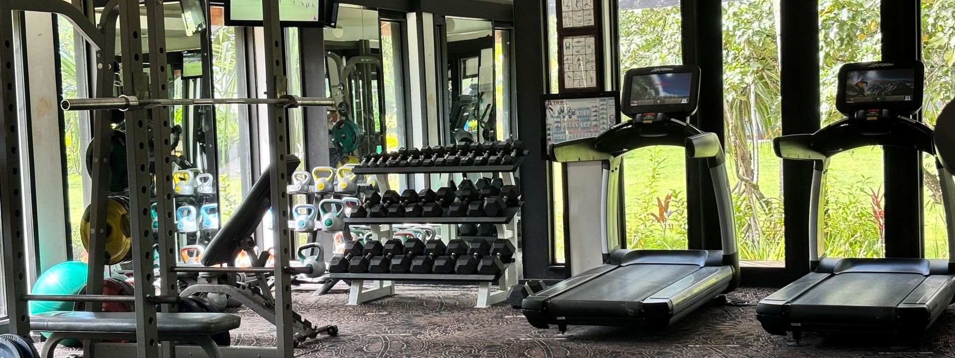 Weights and treadmills in gym at Warwick Fiji Resort and Spa in Korolevu