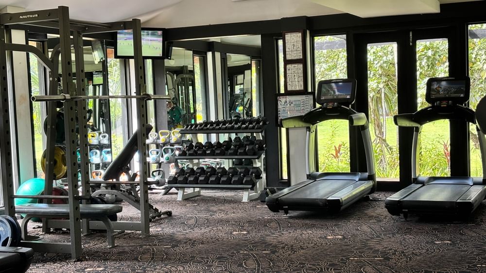 Weights and treadmills in gym at Warwick Fiji Resort and Spa in Korolevu.