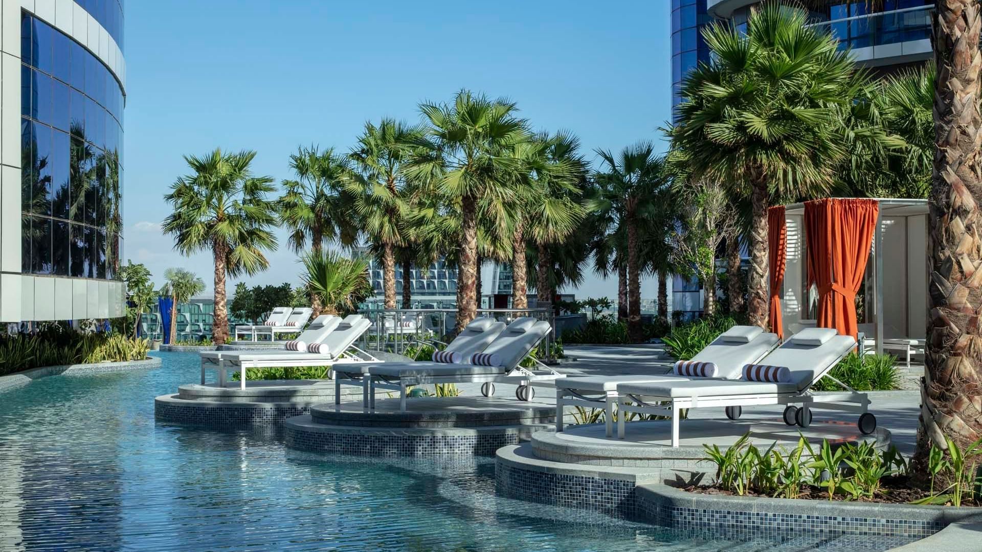 Pool deck with pool beds at Paramount Hotel Dubai