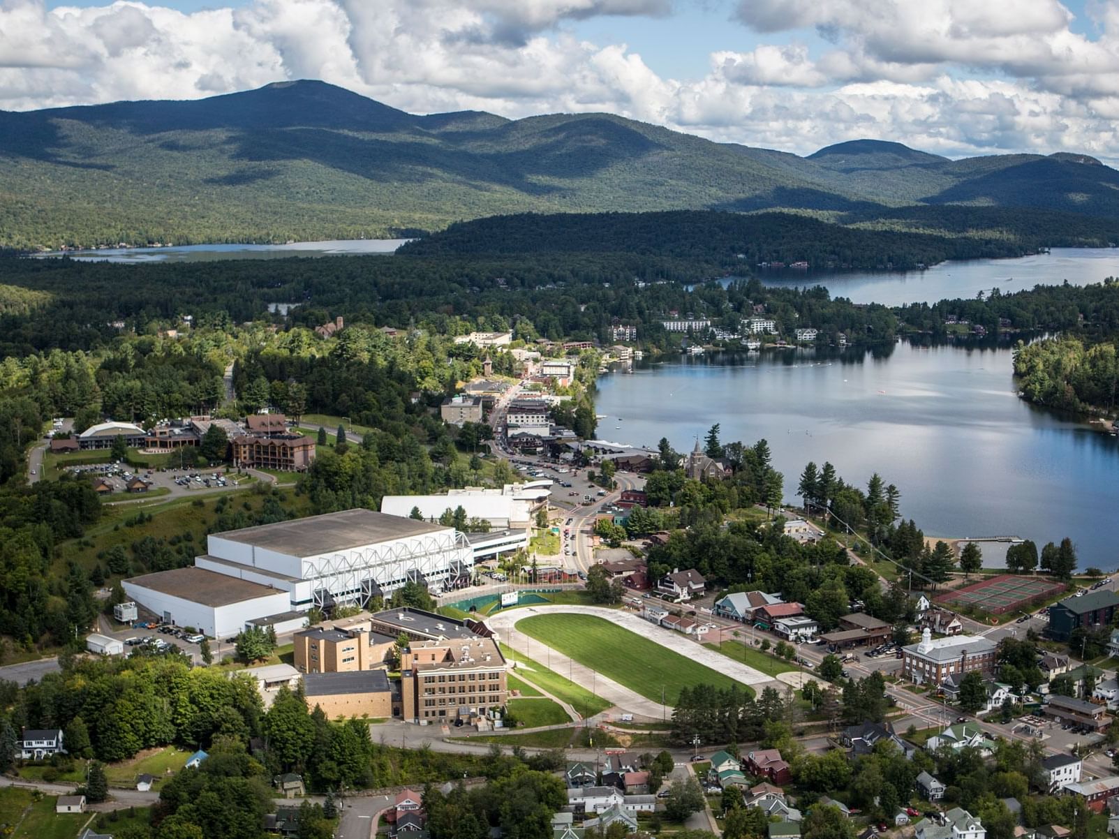 Aerial view of village of lake placid near High Peaks Resort