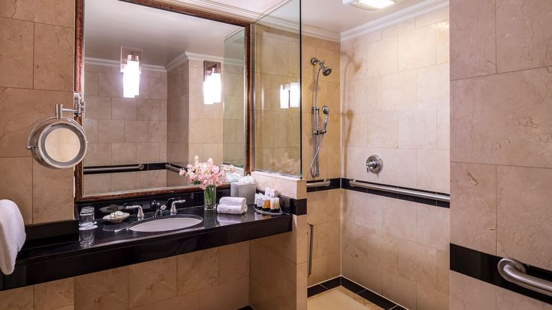 Bathroom vanity with shower area in Accessible Premier City View at Warwick New York