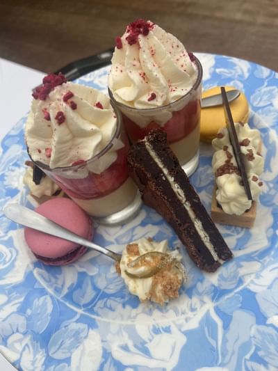 Close-up of a desert dish served at Orsett Hall Hotel