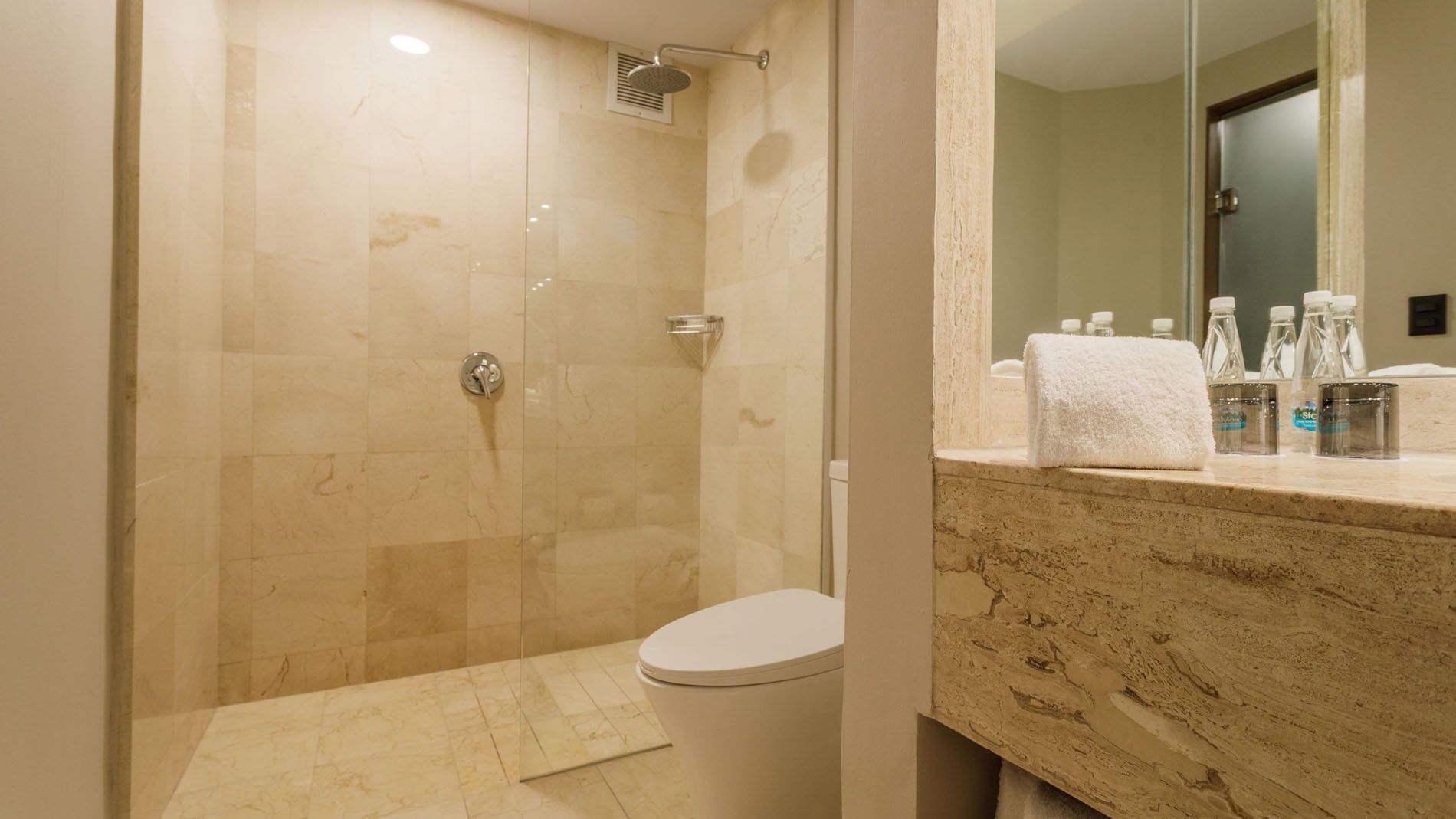 King Deluxe Superior bathroom featuring a glass shower stall and marble vanity at Camino Real Aeropuerto Mexico