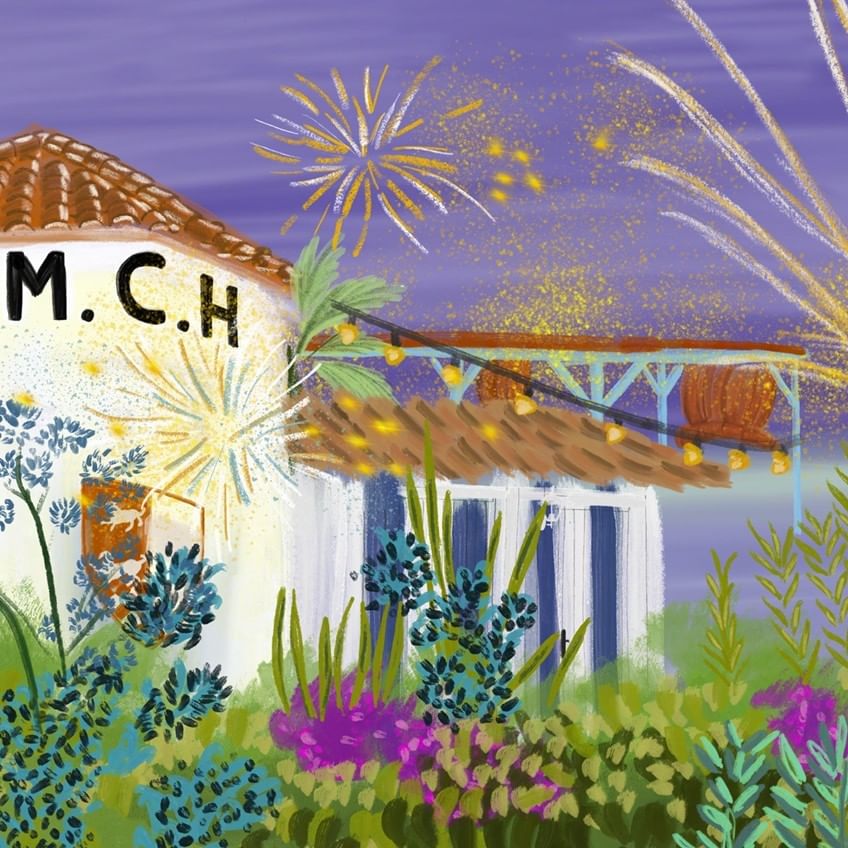 Ilustración de casa blanca con jardín colorido y fuegos artificiales dorados en cielo morado para San Juan