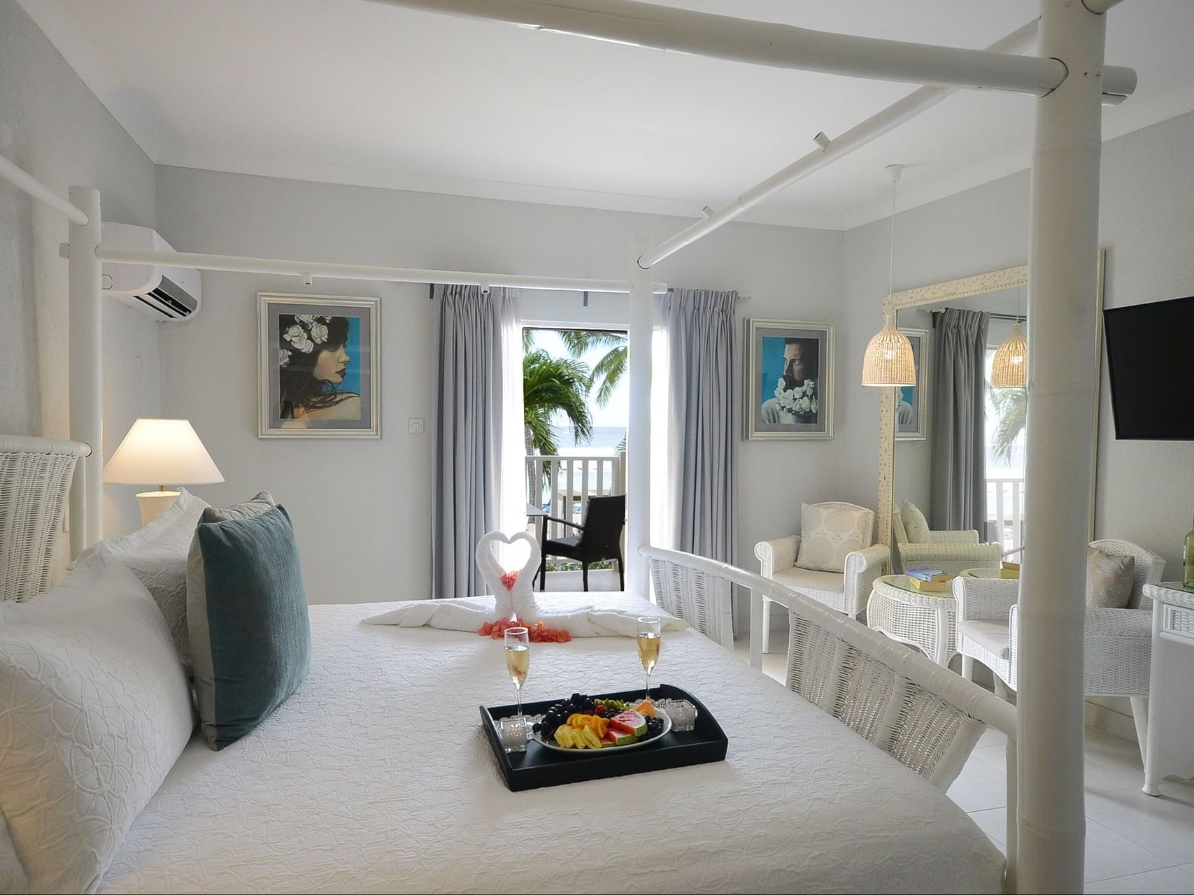 Breakfast in bed in Oceanfront Honeymoon Suite at Sugar Bay
