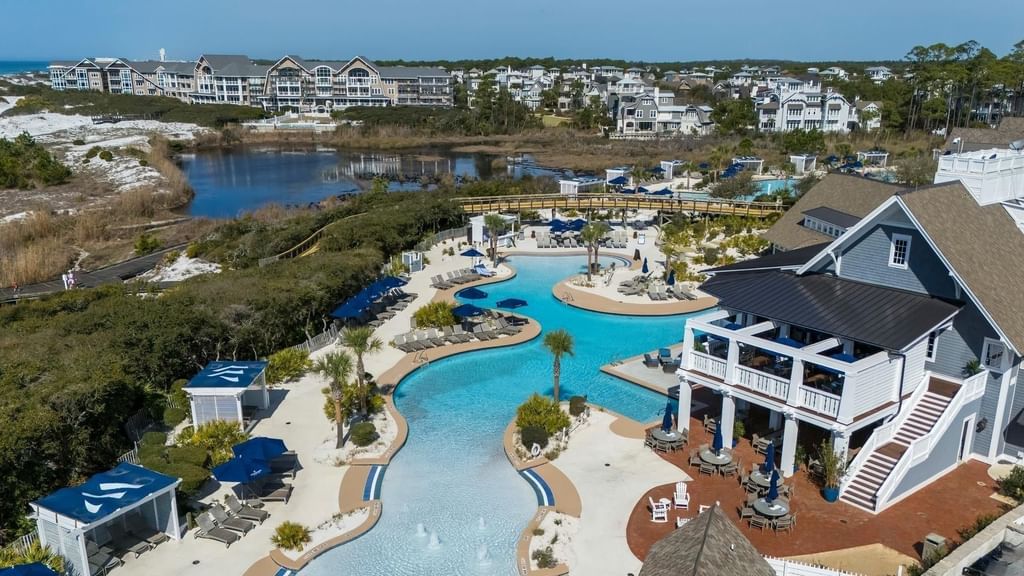 Aerial view of pool area at the Watersound Beach Club property in Inlet Beach.