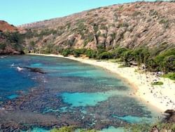 Distant view of Hanauma Bay on a sunny day near Paradise Bay Resort