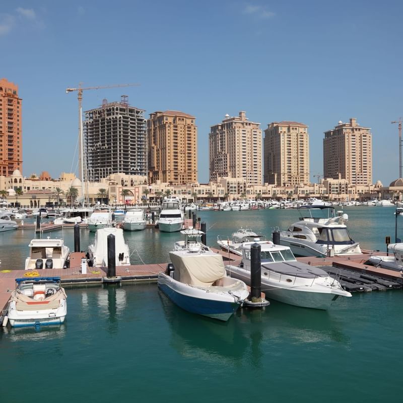 Boats parked in the Marina at the Pearl Doha near Strato Hotel by Warwick Doha