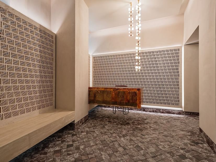 Chandelier & desk area in the lobby, Fendi Private Suites Hotel