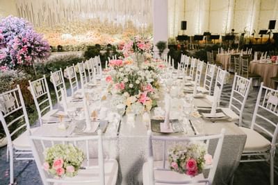 Wedding table set-up in an event hall at Vasa Hotel Surabaya