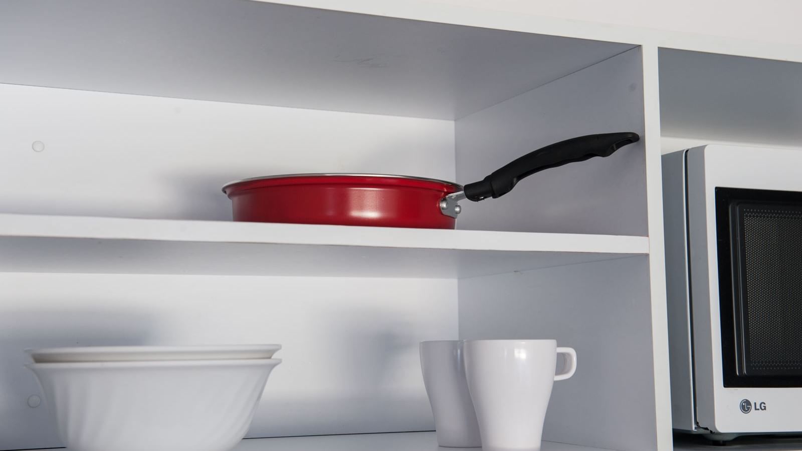 Typical kitchen microwave & storage shelves - items featured can be purchased via our online shop, Your Shop