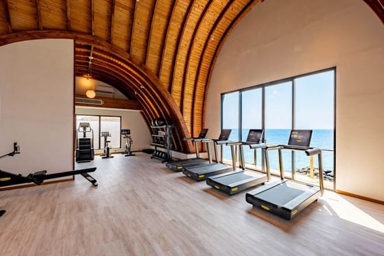 Modern gym with treadmills and ocean views, featuring wooden ceilings and large windows at Ananea Madivaru Maldives