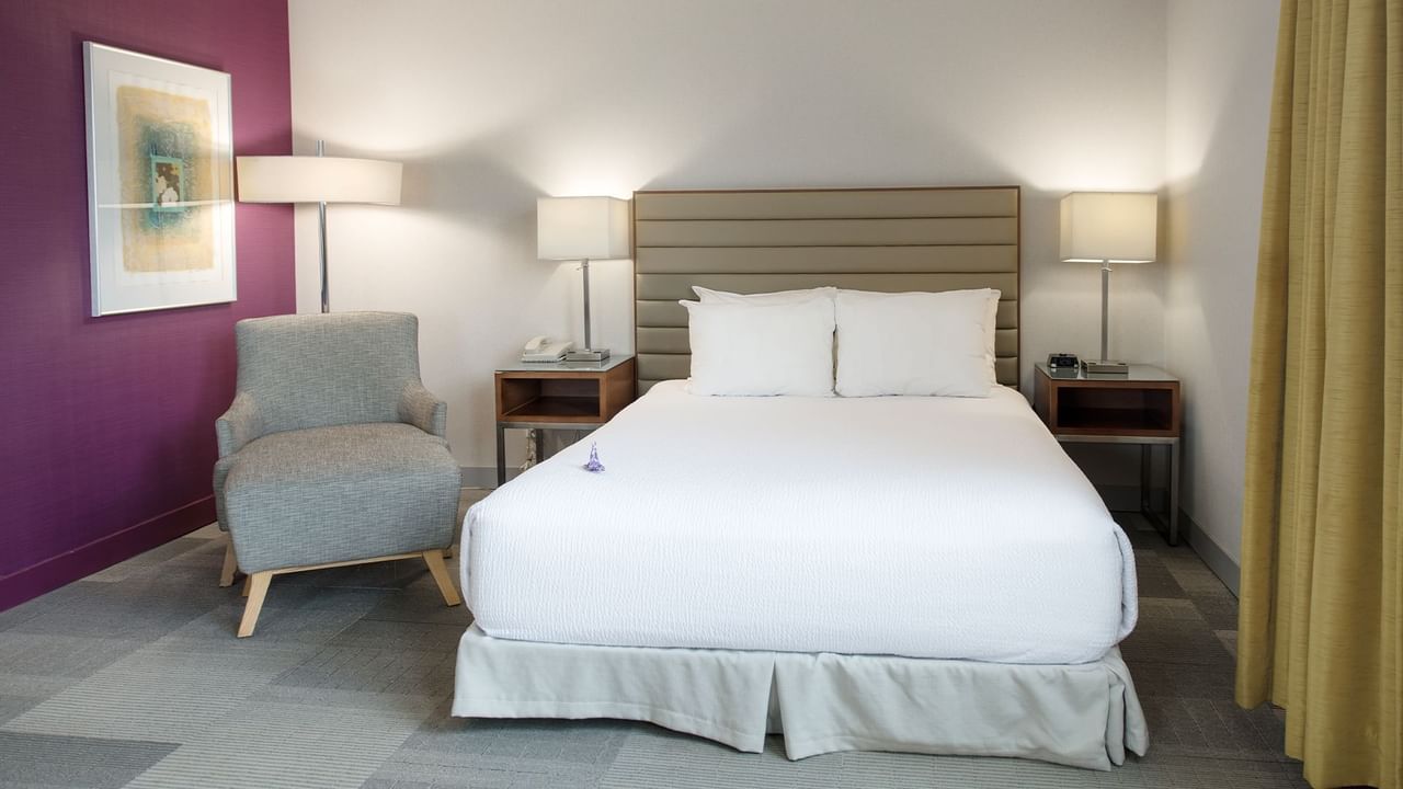 Accessible hotel room with a large bed, two nightstands with lamps, a chair, and artwork.
