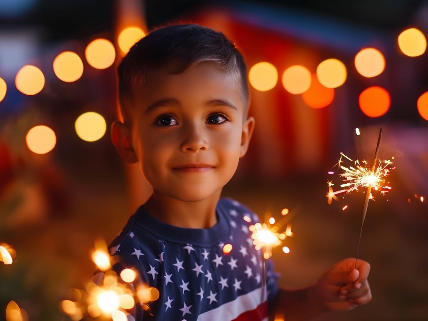 A Little Boy holding sparklers in front of colorful lights at Stein Eriksen Residences