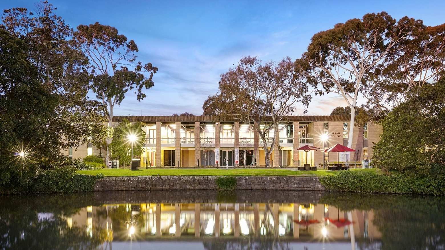 La Trobe University - Glenn College building with a reflection in the water.