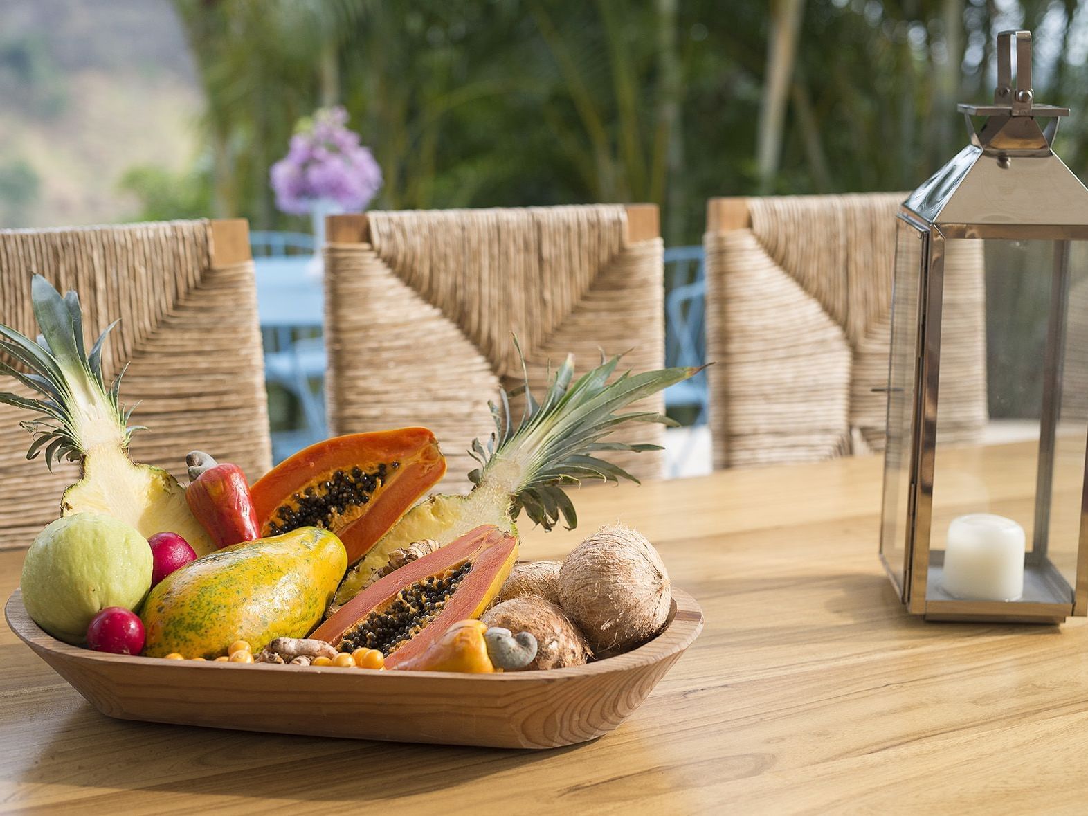mesa con platon de frutas y area verde al fondo