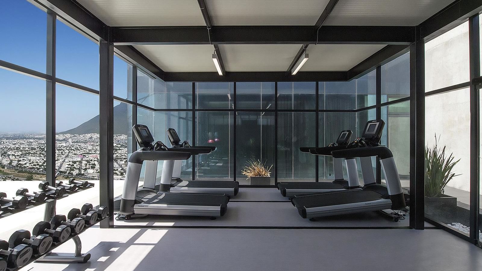 Treadmills & dumbbells in a gym at FA Hotels & Resorts