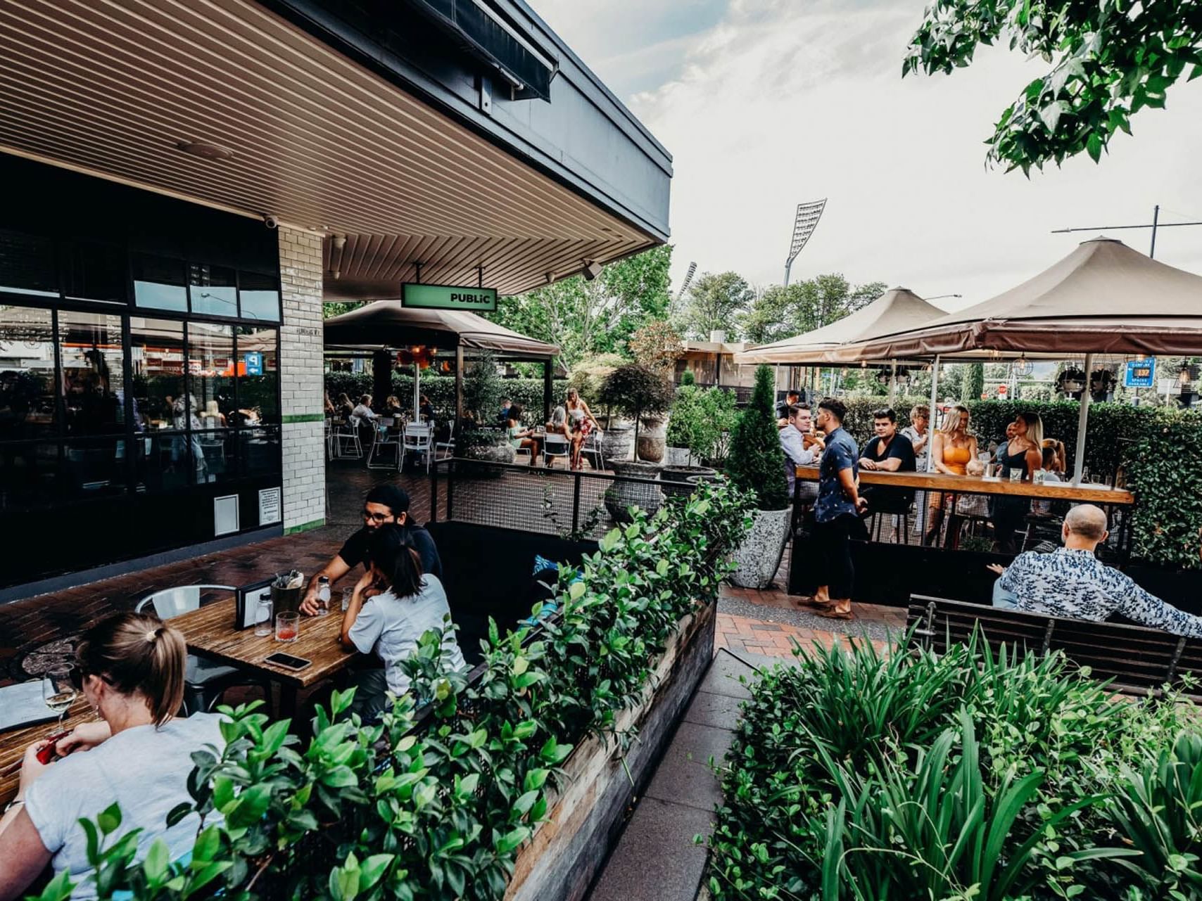 Crowded dining area in Public Manuka near Hotel Knightsbridge