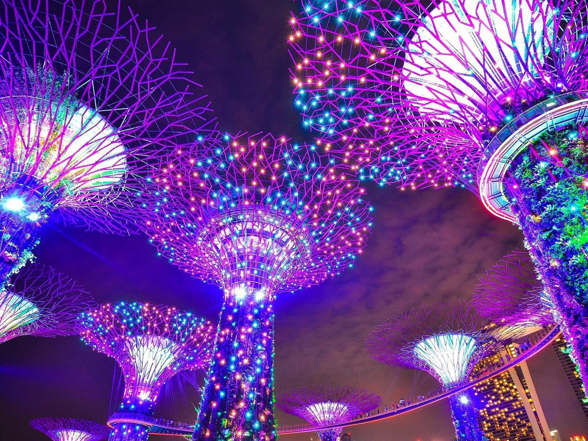 Gardens Rhapsody signature light & sound show in Gardens by the Bay at night near Nostalgia Hotel Singapore