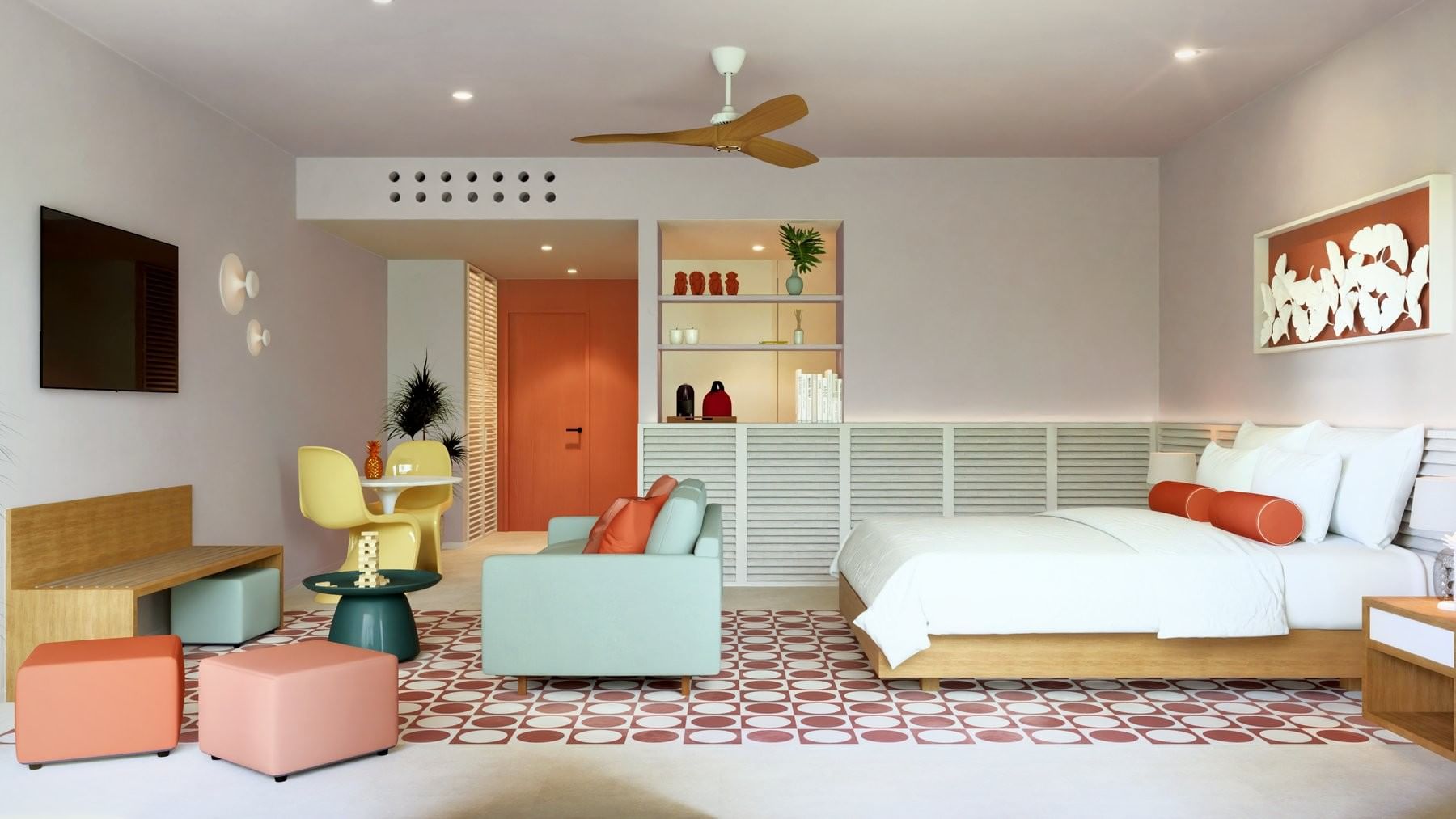 Junior Suite Pool View en Fiesta Americana Funeeq Punta Cana con literas y sofá sobre piso decorado