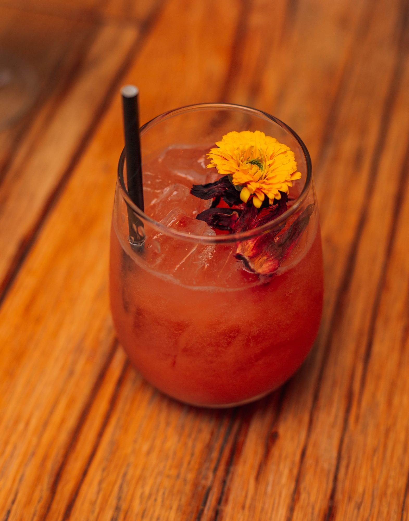 Lorem ipsum Cocktail glass with orange cocktail and topped with yellow flower