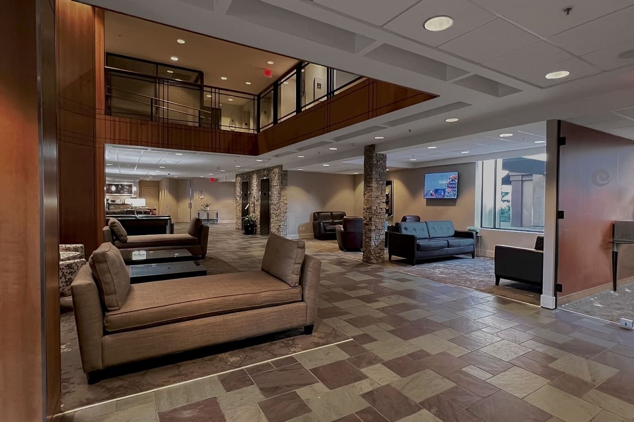 Hotel lobby with chairs, tables