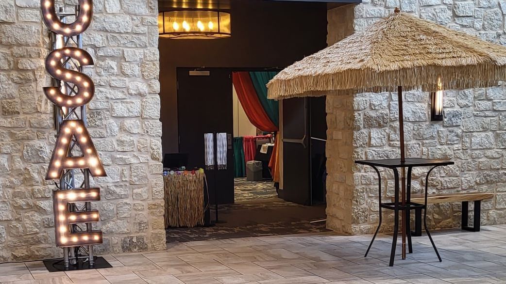 Stylish main lobby with stone walls at Shangri-La Monkey Island