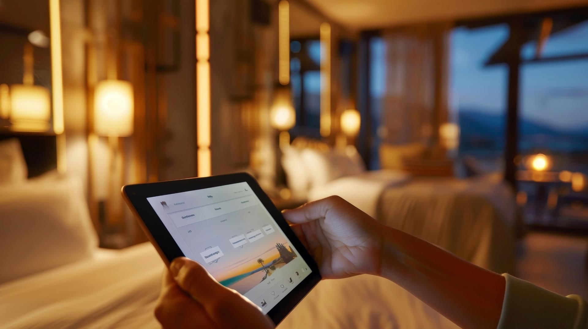 Hand holding a tablet showing a sunset, in a stylish room with soft lighting and modern decor at AG Hotels